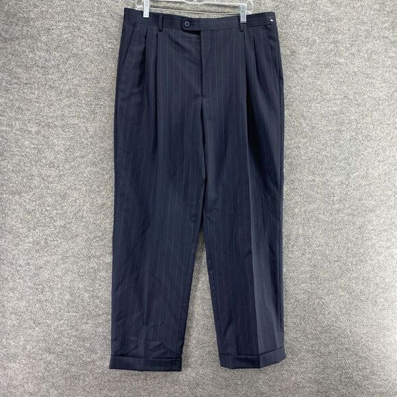 Franco Valentino Dress Pants Men 38 Blue Striped Mid Rise Pleated Cuffed Wool - Picture 1 of 10